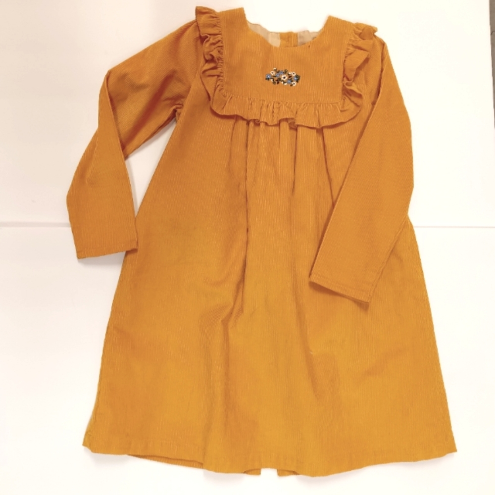 Oliver London Girl's Mustard Yellow Corduroy Dress with Floral Embroidery